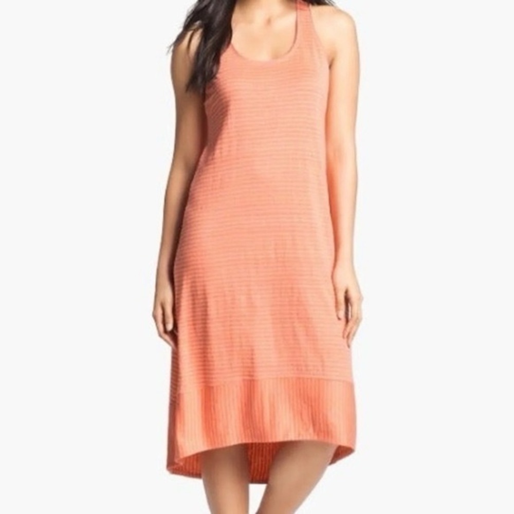 Eileen Fisher Pink Orange Striped 100% Linen Sleeveless Tank Midi Dress Large